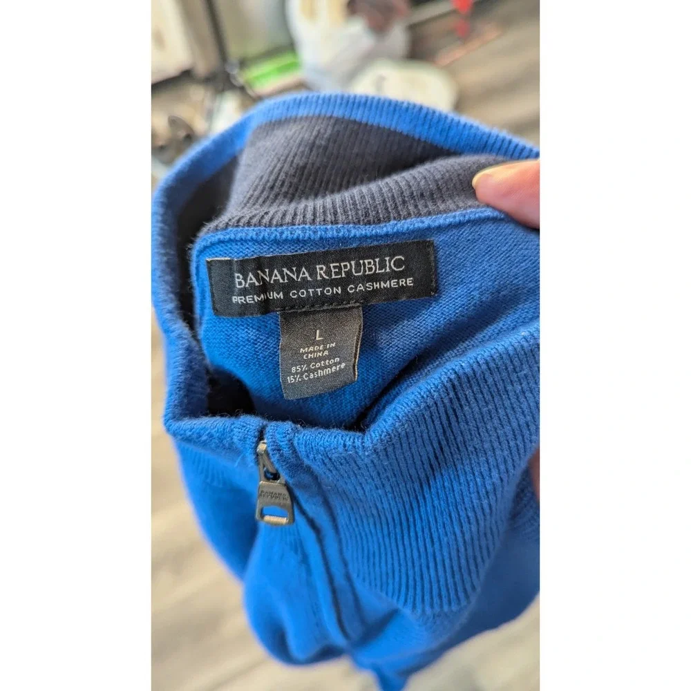 Banana Republic L 1/4 Zip Sweater Blue Pima‎ Cotton Cashmere Timeless Mock Neck